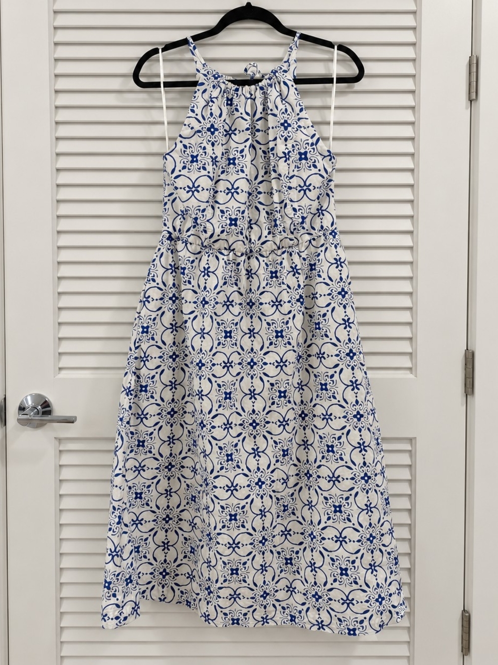 J.Crew Factory Blue White Tile Print Halter Midi Dress Size 12 Pockets